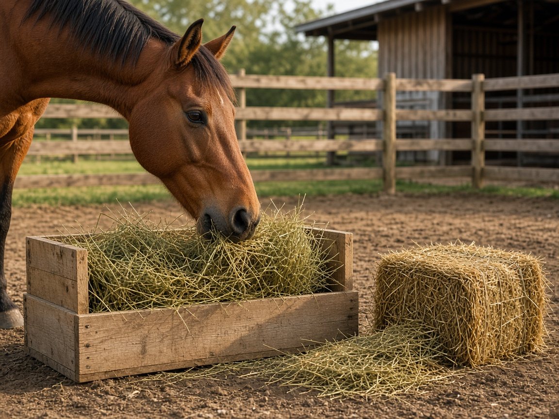 A bay horse eating hay from a wooden feeder next to a small square bale