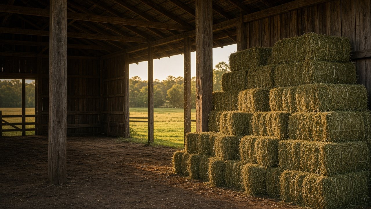 Stacked small square bales of Coastal Bermuda hay