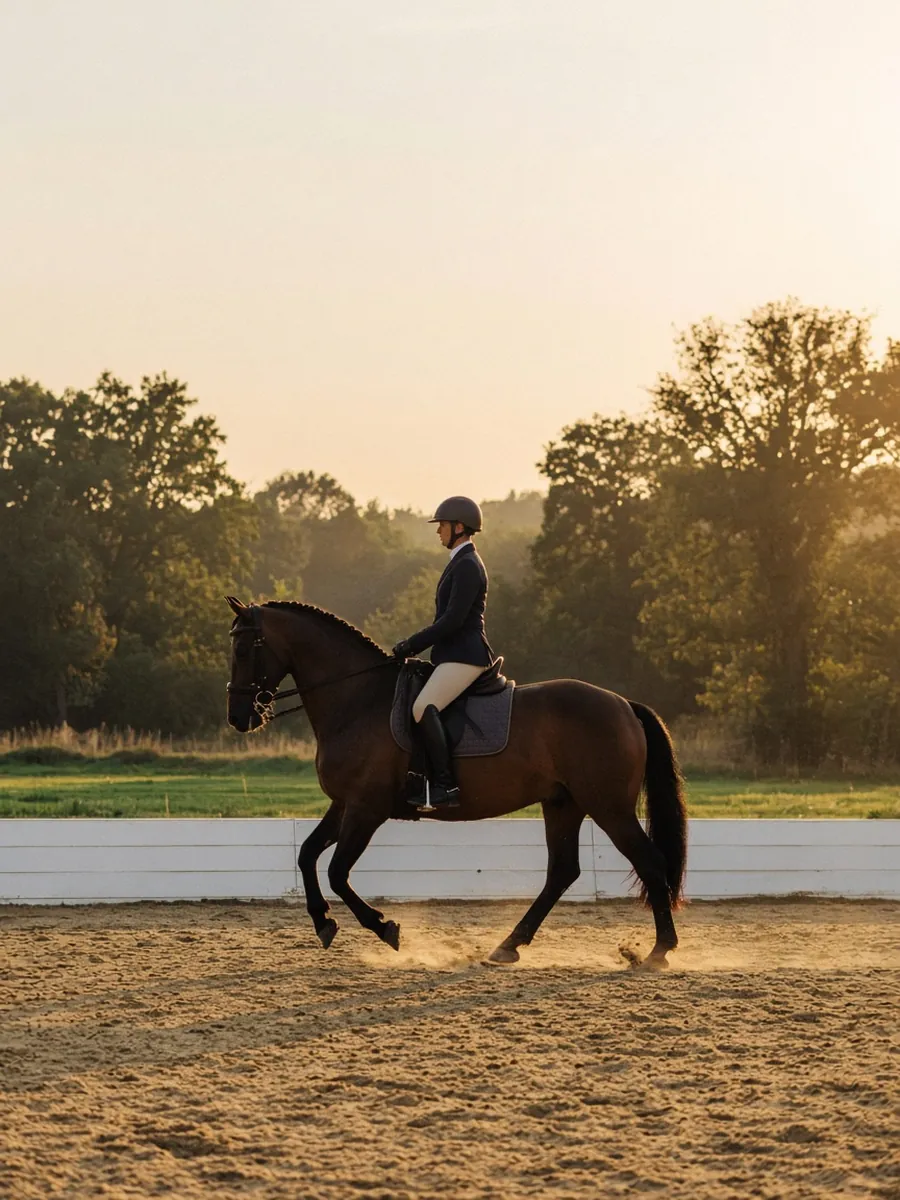 Dark bay horse in a collected trot in a sand arena