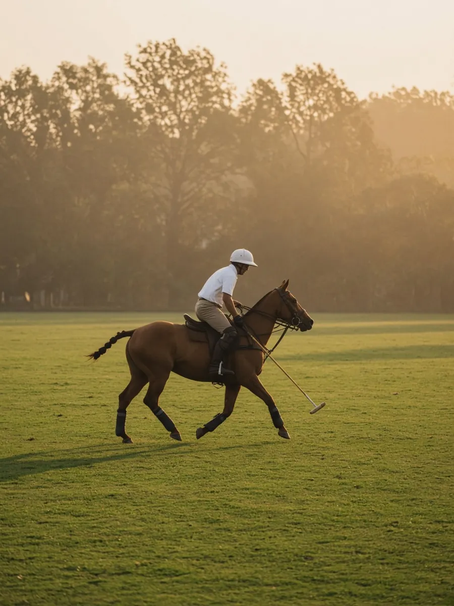 Polo pony cantering across a grass field at golden hour