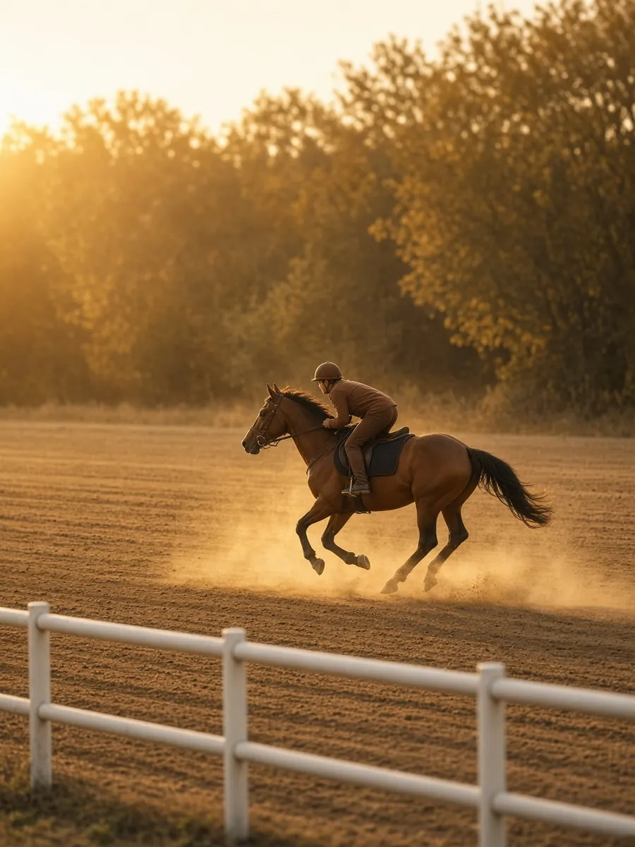 Chestnut horse galloping on a dirt training track at sunset