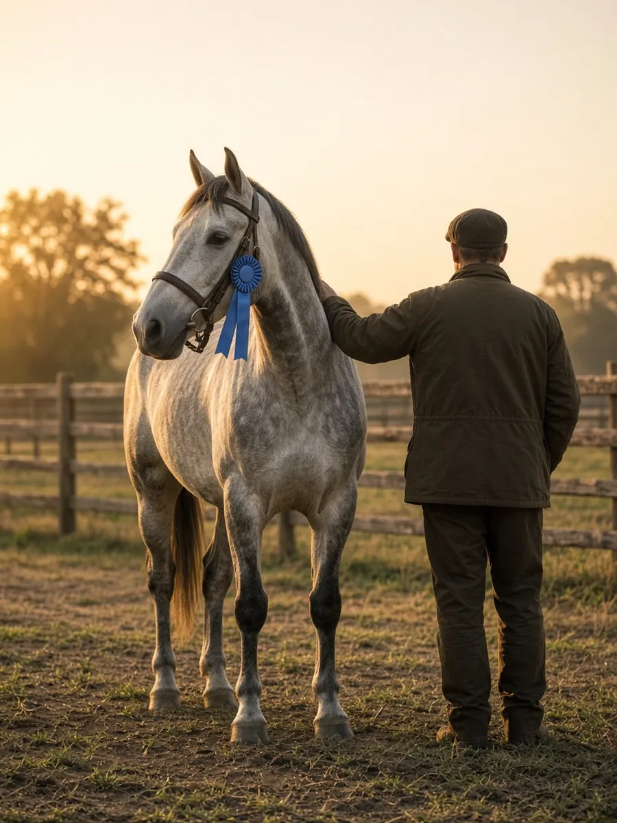 Owner beside a gray horse wearing a blue rosette ribbon