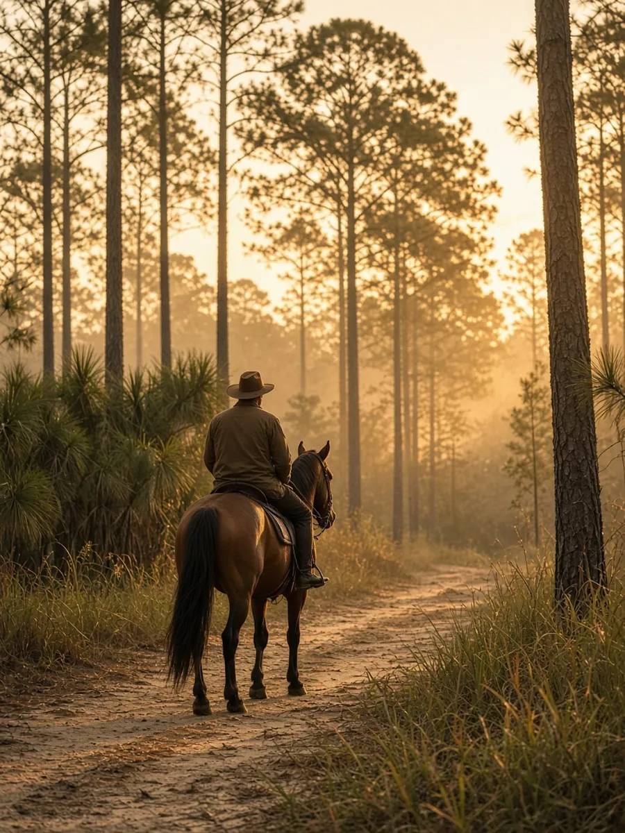 Rider on a bay horse walking a sandy trail through tall pines at golden hour